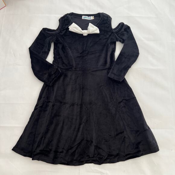 BesserBay Girls Bowknot Cold Shoulder Black Velvet Dress 130/ 7-8 Years - Picture 2 of 12